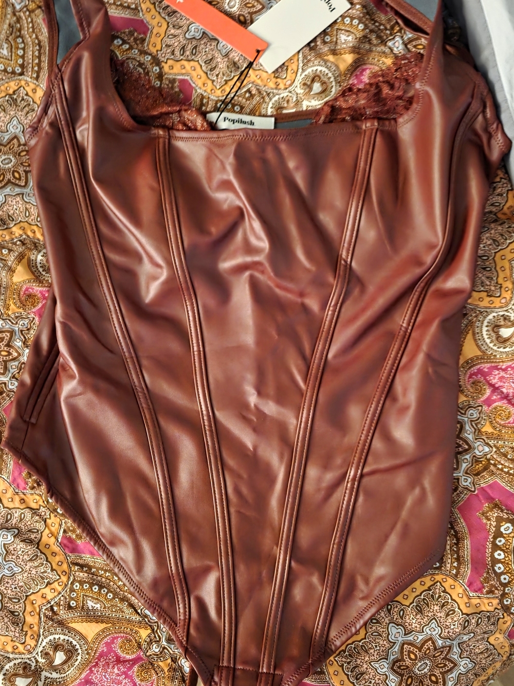 Lush Faux Leather Corset Bodysuit in Burgundy Brown